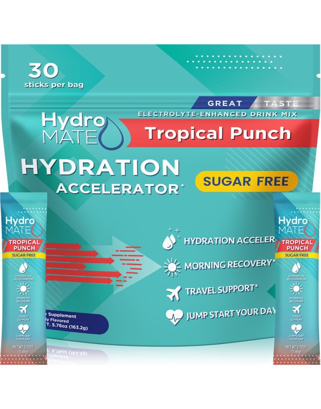 HydroMATE Sugar Free Hydration Tropical Punch 30 stick pack bag