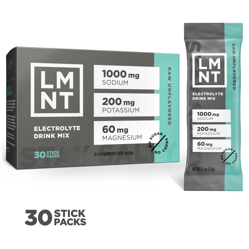 LMNT Zero-Sugar Electrolytes Raw Unflavored 30-count box